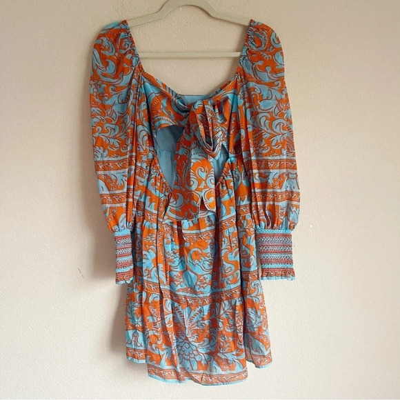 Alice + Olivia Rowen Tiered Long-Sleeve Tie Back Babydoll Dress Orange Blue NWT - Picture 3 of 7